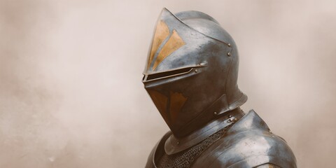 Fototapeta premium Knight in a suit of armor is standing in front of a foggy background