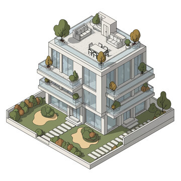 Modern Residential Building with Garden and Rooftop Terrace.