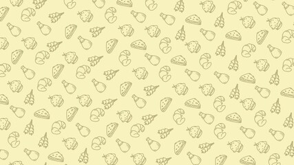 Repeating pattern of various cartoon like food items suitable for menu designs, food blogs, restaurant decorations, children's products, and packaging.