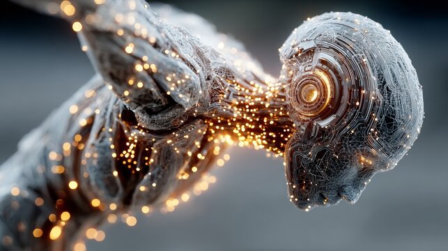 Futuristic AI consciousness emerges with intricate circuitry and glowing neural network connections, symbolizing innovation and digital evolution.