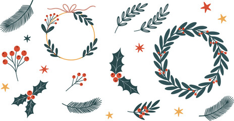 Festive winter holiday elements holly, berries, feathers, and star patterns, perfect for Christmas and New Year's decorations