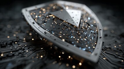 Futuristic digital shield with glowing circuits and abstract geometric patterns symbolizes advanced cybersecurity and secure technology protection.