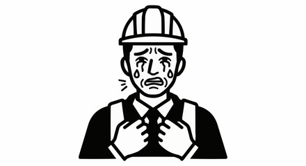 Crying Construction Worker in Hard Hat Expressing Sadness.