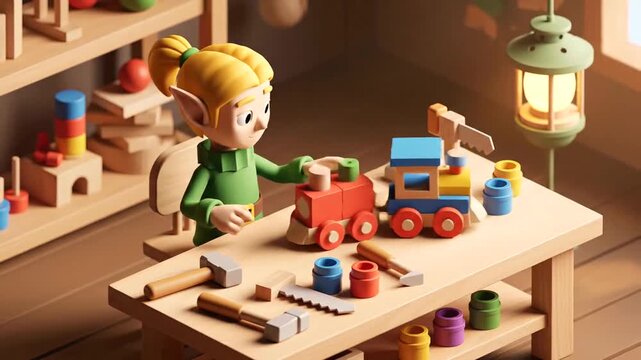 Child crafting colorful wooden toys in cozy workshop