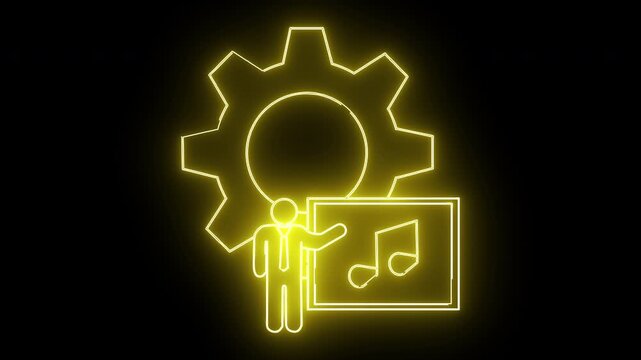 Yellow neon outlines a gear stick figure presenting music notes on a board against a black background