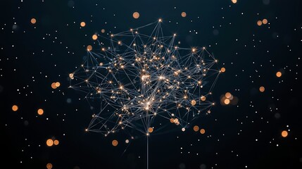 A complex web of interconnected glowing nodes and lines forms an abstract shape, set against a dark background with scattered lights and bokeh.