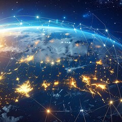 A vibrant composite image of Earth at night with bright city lights visible and a network of connected lines overlaying it