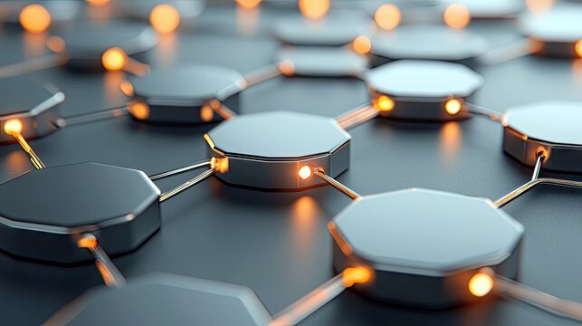 A close-up, abstract view of a network of interconnected hexagonal shapes, with glowing orange lights at the connection points. - Powered by Adobe