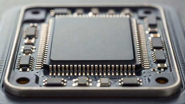 Microchip with intricate circuitry displayed on a reflective surface, showcasing modern technology and electronic design.