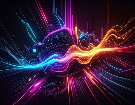 Abstract digital illustration featuring neon-colored light rays and particles