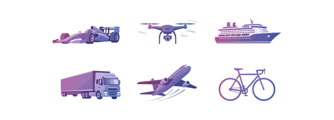 Transportation icons race car drone yacht truck airplane bicycle on black