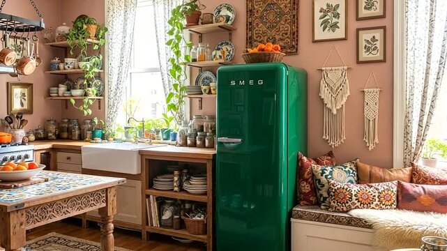 Bohemian Kitchen Design Ideas, green SMEG refrigerator, ethnic decor, cozy interior, rustic