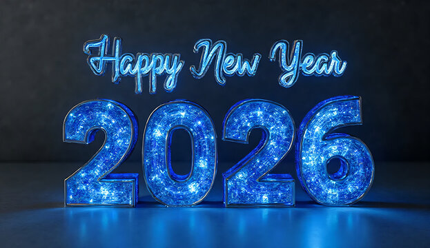 Crystalline sapphire blue stained glass Happy New Year 2026 text with platinum leading glowing on dark wall