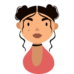 Stylized Portrait of a Young Woman With Dark Hair in Buns Wearing a Coral Top and Black Choker Against a White Background