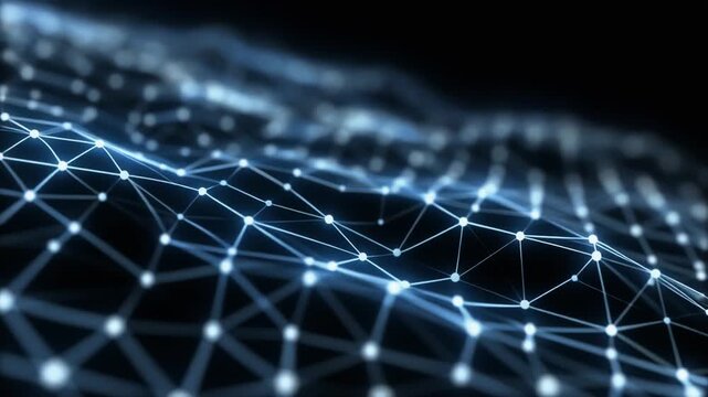 Close-up of a network visualization with glowing blue nodes and connections on a dark background with a shallow depth of field.