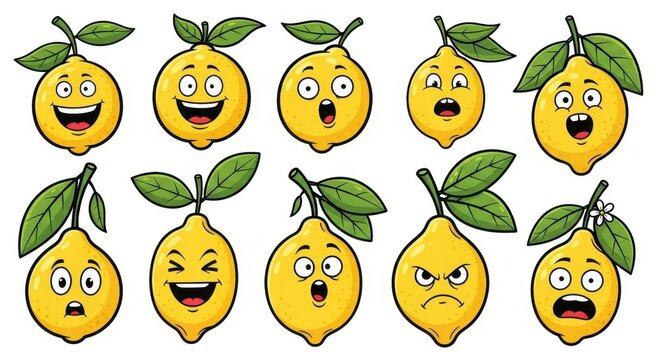 Collection of cartoon lemons showcasing various emotions with vibrant colors and playful expressions - Powered by Adobe