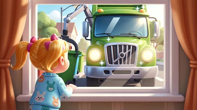 Child Excitedly Waves at Garbage Truck Outside Window