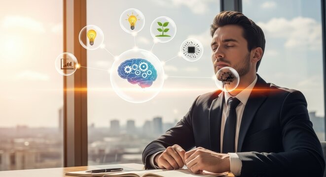 Businessman visualizing abstract concepts for growth and innovation, strategic planning,