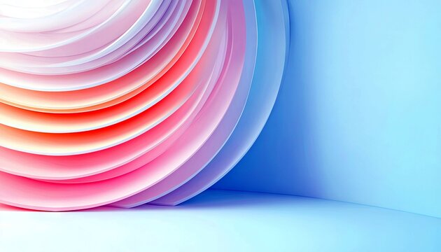 A close-up abstract view of layered, curved shapes in pastel colors like pink, orange, and white, transitioning into a smooth blue background.