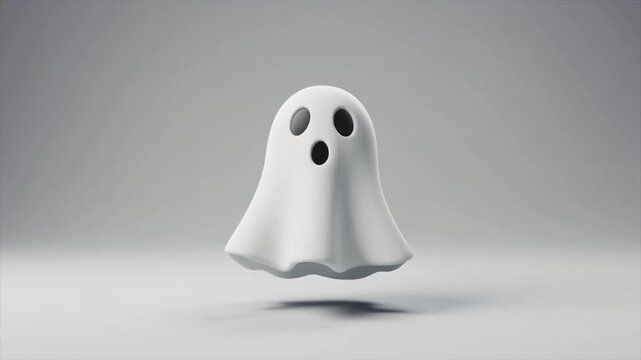 A cute 3D rendered white ghost with a surprised expression floating against a clean grey background, perfect for Halloween.