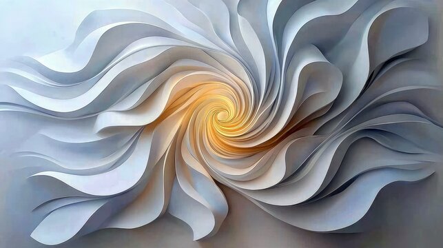A close-up abstract image of layered white and gray paper elements swirling into a bright yellow center, creating a sense of motion and depth.