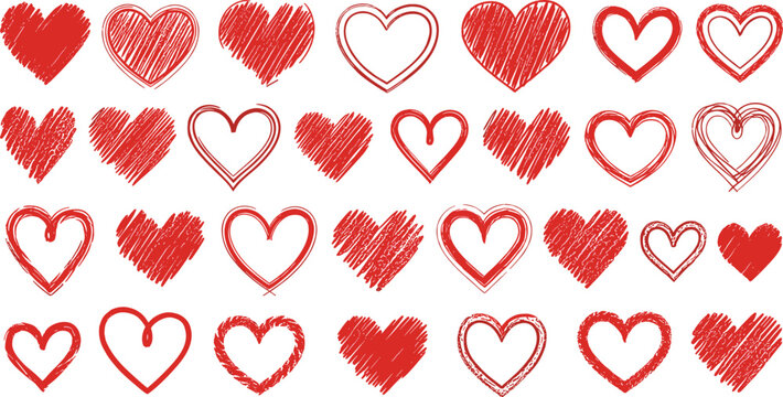 A large set of hand-drawn red heart icons with a scribble and sketch style. Romantic love symbols for Valentine's Day or wedding designs isolated on a white background