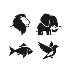 Majestic lion, powerful elephant, graceful fish, and soaring bird icons representing nature's diverse and iconic creatures