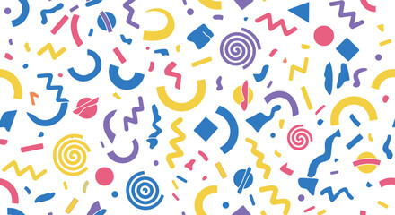 colorful memphis style seamless pattern abstract geometric shapes retro 80s 90s ideal for lively backgrounds and prints.