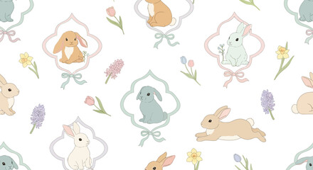 cute pastel bunnies and delicate spring flowers create a gentle seamless pattern on a white background perfect for easter and charming childrens designs.