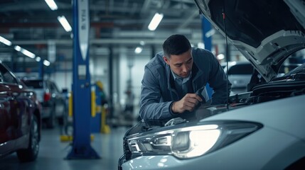 A mechanic meticulously inspects a car engine in a modern repair shop, ensuring customer satisfaction and vehicle safety through expert maintenance services.