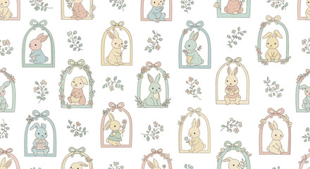 cute pastel easter bunny pattern in floral arch frames a charming seamless design ideal for spring nursery decor and childrens products.