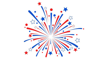red white and blue fireworks explosion graphic with festive stars and dots on a clean white background perfect for independence day fourth of july and patriotic celebrations.