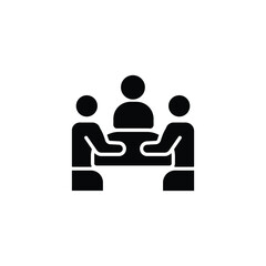 Solid team discussion icon showing a group meeting around a table. Perfect for business planning, teamwork, collaboration, corporate communication, brainstorming, leadership, and workflow concepts.