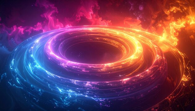Abstract rings of vibrant color radiating energy, surrounded by clouds