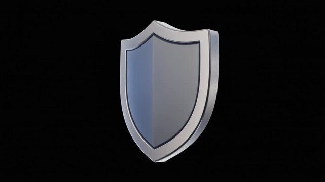 A metallic silver shield emblem rendered in 3D against a dark background, symbolizing protection and security.