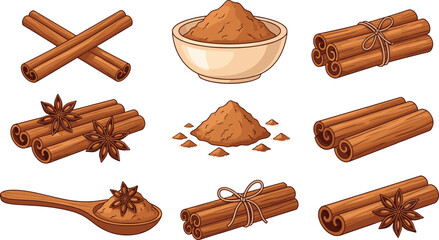 Cinnamon sticks, ground spice, star anise, herbal seasoning, cooking ingredient, aromatic blend, culinary illustration, spice set, natural flavor, kitchen art