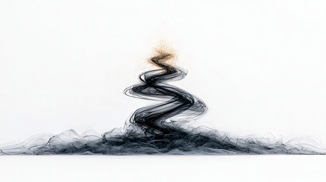 A dynamic visual of black smoke swirling upwards and dissipating into fine golden particles against a clean white background.