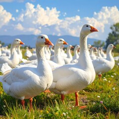 Geese Grazing in a Sunny Meadow - A Serene Farm Scene.