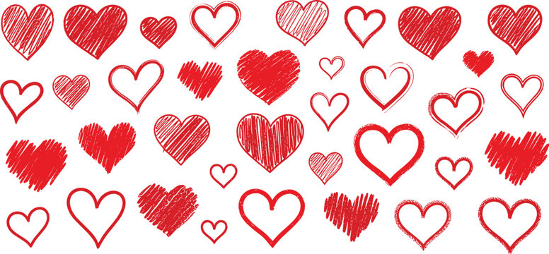 A charming pattern of diverse hand-drawn red heart illustrations, with mixed textured and outlined styles, symbolizing love, affection, and romance for heartfelt design projects