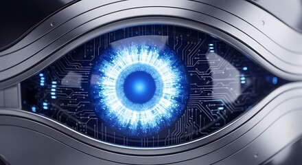 Futuristic Robot Eye with Glowing Blue Iris and Circuitry Details.