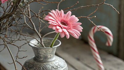 A pink gerbera daisy in a metal vase with bare branches and a candy cane on a rustic wooden surface creates a cozy, festive atmosphere