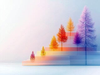 A series of stylized trees, varying in size and color, are arranged in ascending order on geometric steps with a subtle gradient effect.