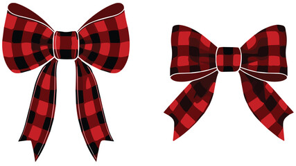 Two red and black plaid bows with buffalo check pattern, festive Christmas holiday ribbons, decorative gift wrapping accessories, seasonal ornament design