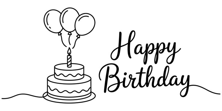 Happy birthday elegant line art illustration with two-tier cake, burning candle, three balloons, and decorative script lettering design