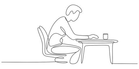 Continuous line drawing of a person sitting at a desk, working or studying. minimalist vector illustration for productivity and modern daily life.