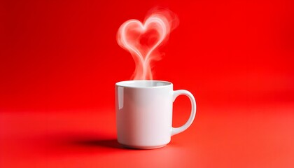 White coffee mug with heart-shaped steam rising on a vibrant red background.