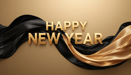 Luxurious Happy New Year text in gold on a flowing black and gold ribbon background, copy space
