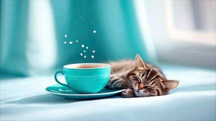 A cute tabby kitten is sleeping soundly next to a turquoise teacup and saucer, with steam rising from the cup.