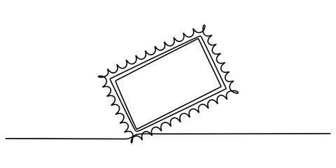 Continuous line drawing of a postage stamp icon, symbolizing communication, mail, travel, and postal services, isolated on a clean white background, vector graphic illustration.