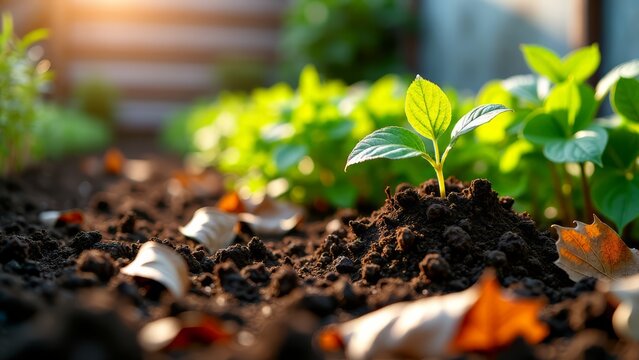 Sprout growing in soil with fallen leaves - Powered by Adobe